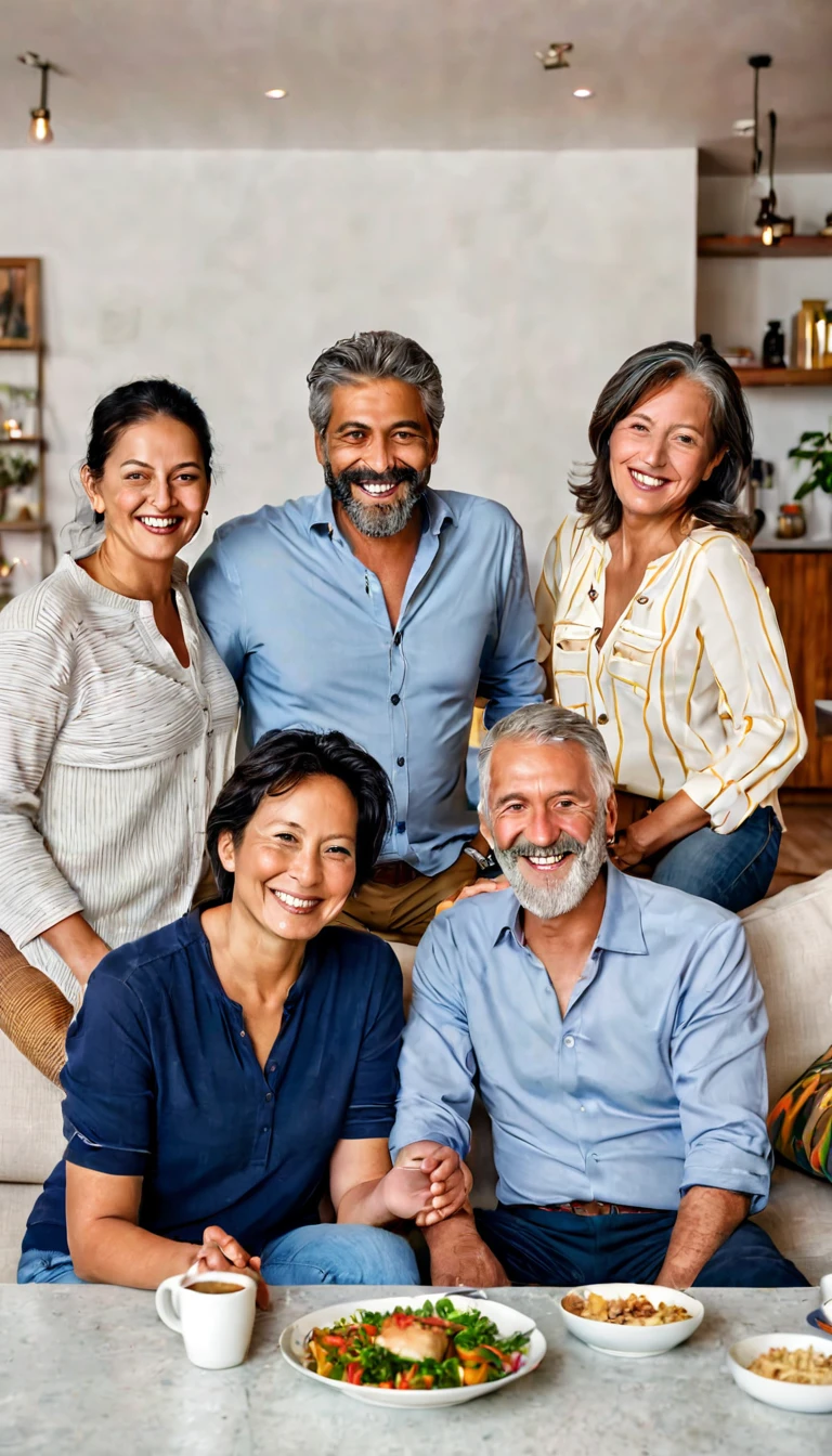 Raw Photograph of a smiling multi-age ((max age 40)), multi-cultural and multi-national group of people, ((wearing light, casual clothes)), gathered in a well-lit living room and cozy, sharing a meal. The image must convey human warmth, community and welcome. award winning photo in 2023, high details, high res, color picture, NIKKOR AI-S 300mm f/2 + CANON 0.71x Focal Reducer, 300mm focal lens, ISO 800, flair reducer lens, LEICA photography, focus on the subject, ultra realistic photography, cinematic composition