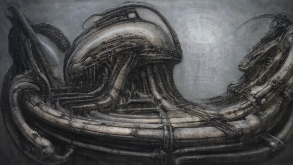 Create biomechanical tableau with some of the artistic techniques and compositional features used in /&quot;Necron IV/” by h r (Hans Rudie) giger:
 The image depicts a complex, sprawling city made of dark ivory, metal and wires. The city is densely packed with loops and twists, resembling a massive, intricate machine.
The painting is composed around a central focus of bone-like celestial formations and tectonic weathering structures with a phallic spine. This central form is the most detailed and brightly lit part of the painting, and it draws the viewer's eye in.The central focus is emphasized by the use of light and shadow. The light source is coming from the top left of the painting, and it casts a bright spotlight on the scene.
Biomorphic forms: The biomechanical forms in the painting are inspired by biological organisms, but they are also machine-like. These forms create a sense of unease and discomfort, as they blur the line between the natural and the artificial
. The image is highly detailed and intricate, uses, with transparent organs and bones exposed). The piece has a thick mechano-organic texture and is covered in fine details. The image has a swirling, organic quality to it. The artistic manner would be unmistakably Gigeresque. A dark and unsettling beauty would permeate the piece, blurring the lines between fascination and repulsion , forever haunted by the grotesque allure. Giger's signature artistic manner would be evident in every stroke. The airbrush would be wielded with masterful precision to create a hyperrealistic yet nightmarish aesthetic.,hrgiger,H.G. Giger Style, Biomechanics,HRGigerArhP style