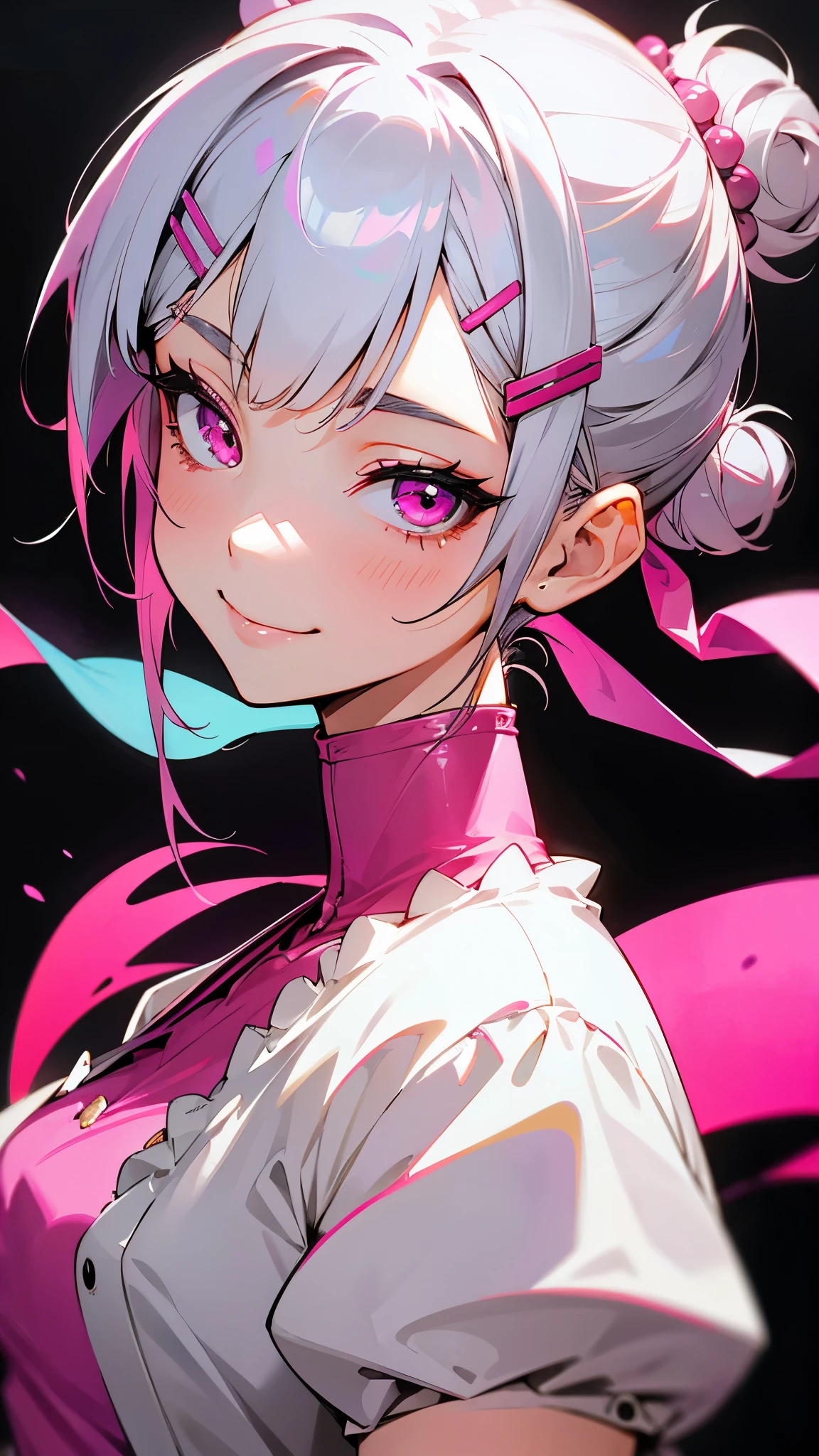 (masterpiece, best quality:1.4), 1 girl, 独奏, Pink love pupils, Blurred eyes, Smile, Look up and down, Pink lower lip, Holding face with hands, Pink short hair, Fluffy hairstyle, Royal sister, Huge breasts, Pink sweater, Vision, black background.