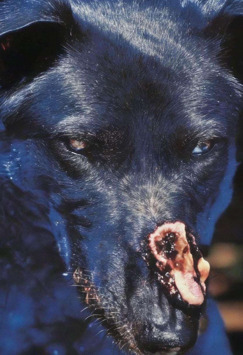 close up angry blue dog eyes