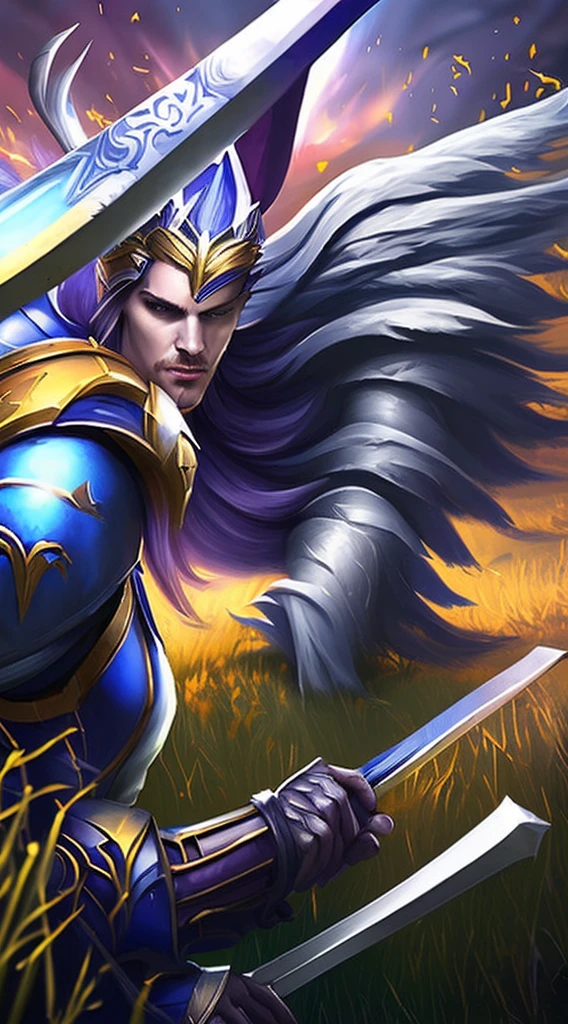 a close up of a person with a sword in a field, aurelion sol, 8 k hd wallpaperjpeg artifact, 8k hd wallpaperjpeg artifact, extremely detailed artgerm, splash art, official splash art, riven, league of legends character art, league of legends art, mobile wallpaper, from league of legends, league of legends splash art