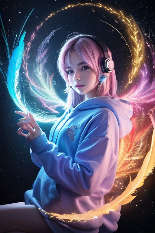 (A beautiful girl with black eyes in a night frame, full of stars, a decorative panel, abstract art, side shot, photorealistic, light pink hair, straight hair, beautiful black hair, glowing white skin, picturesque, sketch, texture, extremely high resolution, alone, beautiful woman, very detailed, fractal art, colorful, floral, most detailed, tangled, dynamic pose, abstract background, glowing skin, many colors, earrings, feather), (A cute chipmunk with fluffy fur wearing a silver blue outfit, including a hoodie and headphones, the background is modern and inorganic, adorable digital painting, 3d rendered, bright lighting, vibrant colors, outside and raining)