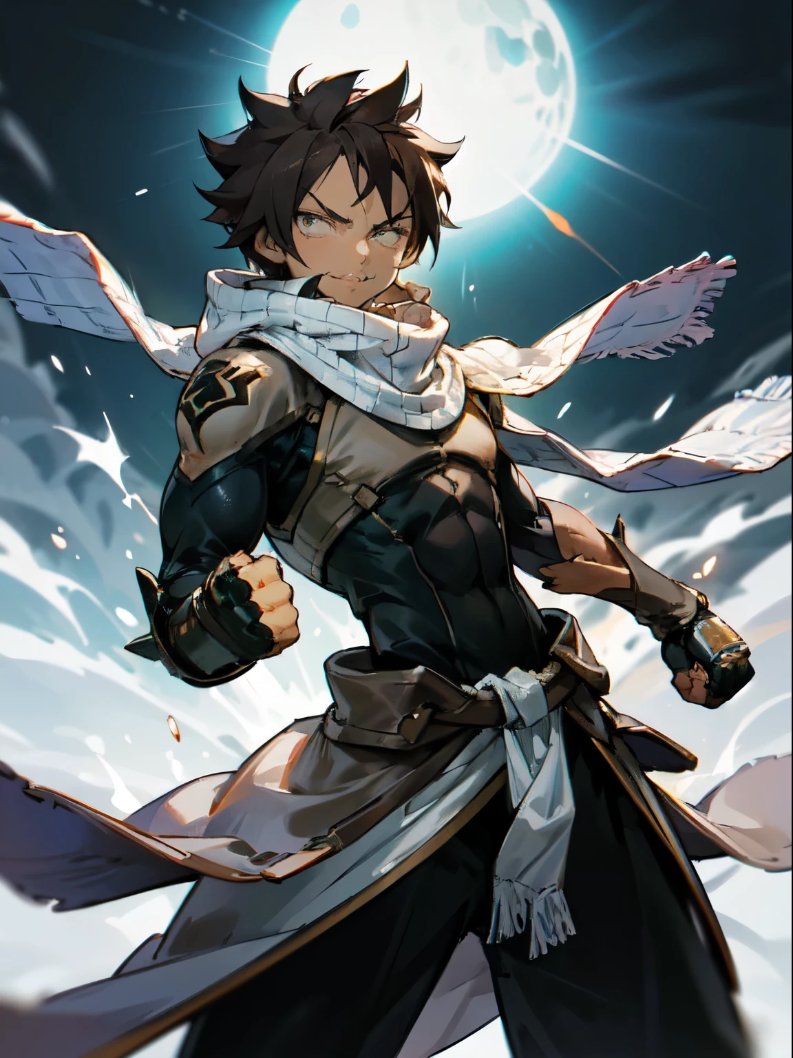 masterpiece, High resolution, high quality, Dark Skinned Teen, male, A little buff, Medium dark brown hair, Big Innocent Eyes, Wearing a black bodysuit, White long torn scarf, White hooded cloak, Big black gauntlets, Dramatic show, Intensive, nice, Amazing guy preparing to punch