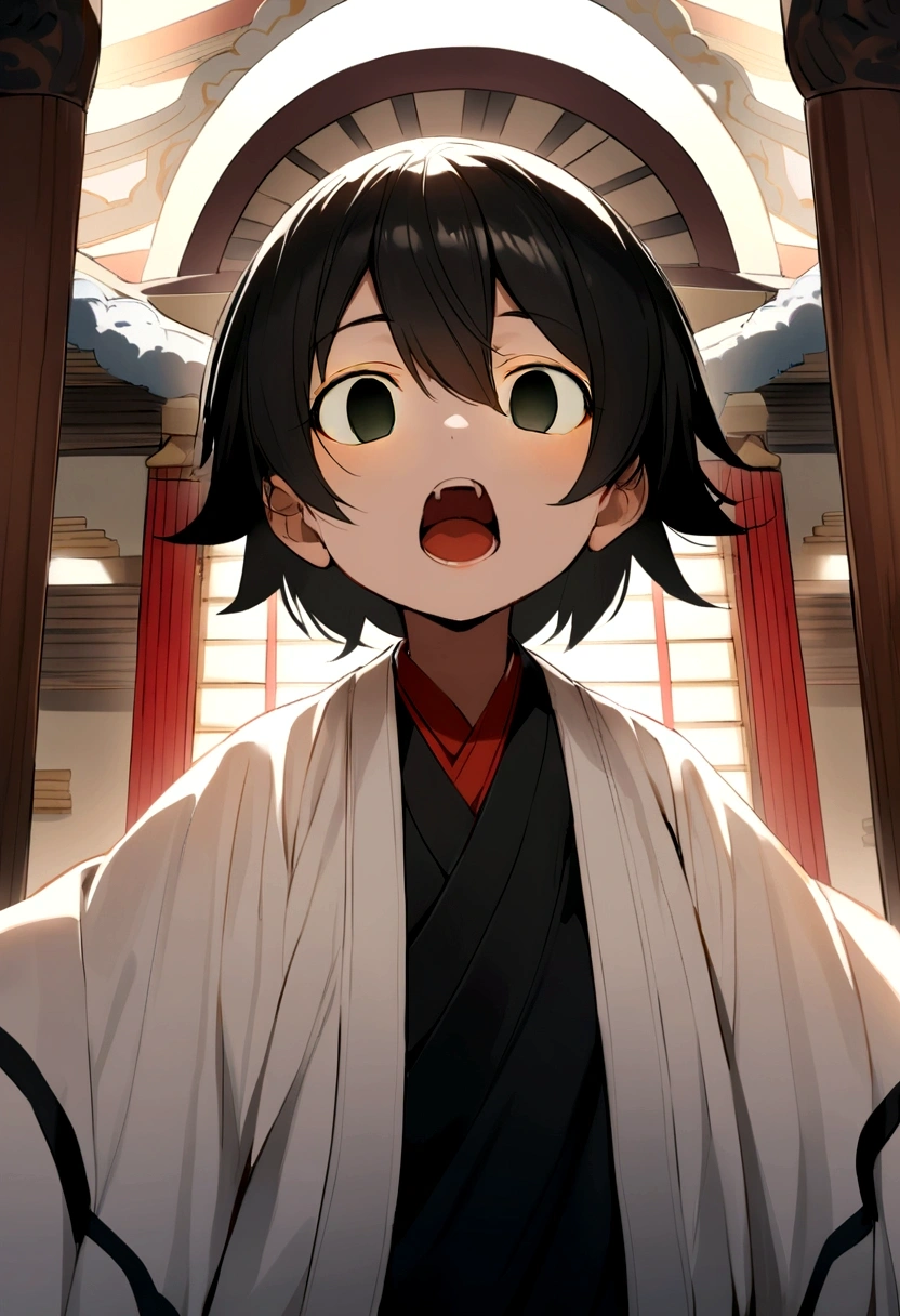 A ten-year-old boy with short black hair wearing a Taoist robe stood in the temple with his mouth wide open black eyes evil black spirits flying around him