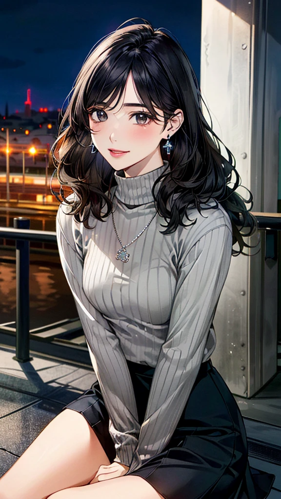 (masterpiece:1.3, Highest quality, Ultra-high resolution, Super detailed), (Realistic, photoRealistic:1.4), Beautiful illustrations, Perfect lighting, colorful, Depth of written boundary,
Beautiful detailed hair, Beautifully detailed face, Beautiful fine details, Beautiful clavicle, Beautiful body, 美しいLarge Breasts, Beautiful thighs, Beautiful feet, Beautiful fingers,
View Viewer、Front view:0.6, Beauty1人, Japanese, Beauty、30 years old, Perfect Face, (Perfect Anatomy, Anatomically correct), Cute and symmetrical face, Baby Face, , Shiny skin,
((Dark grey turtleneck sweater:1.4)),((Long skirt 1.5))
(Black Hair, Medium Wavy Hair:1.4), Dark brown eyes, (Large Breasts), Slim body,
necklace, (Small earrings:1.3),
(Beautiful views), (night), (city, cityscape in the distance), Sitting on a bench, A soft smile、(Smile, Lips parted),