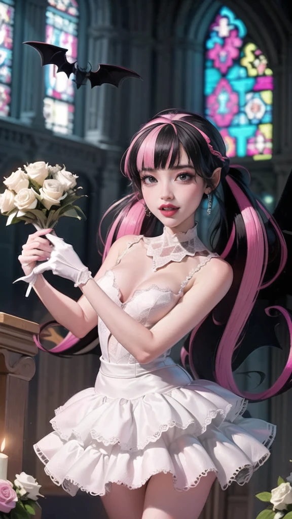 ((high quality)), ((Work of art)), (more detail), 1girl, succubus, centered, a girl with a bat wings, wedding dress, award winning upper body portrait, cowboy shot, Draculaura_MH, solo, black half hair, pink half hair, multicolored hair, long hair, wave hair, braided hair, holding a bouquet, white shirt, white skirt, pink knee boots, sad expression, gothic church , gothic architecture, church scenery, candles, white roses, depth of field, cinematic composition, half black hair, half soft pink hair, wave hair, Standing at the altar, white roses, smile, vampire fangs, wedding dress, bat wings, white dress, white dress with transparency, pink laces, white gloves, white high socks, pink high hills boots, bat jewelry, jewelry, grass, white roses on focus, Draculaura_(monster high), Monster High, looking at the viewer, more details on the clothes, petals in the air