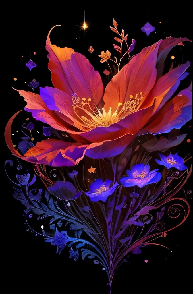 a bouquet of flowers with a crescent and stars on a black background, a digital painting by Android Jones, Artstation, pixel art, glowing flowers, 🌺 cgsociety, flowers and gold, floral sunset, night sky full of flowers, magical flowers, floral growth, celestial red flowers vibe, floral!, jen bartel, floral environment, nature and floral aesthetics