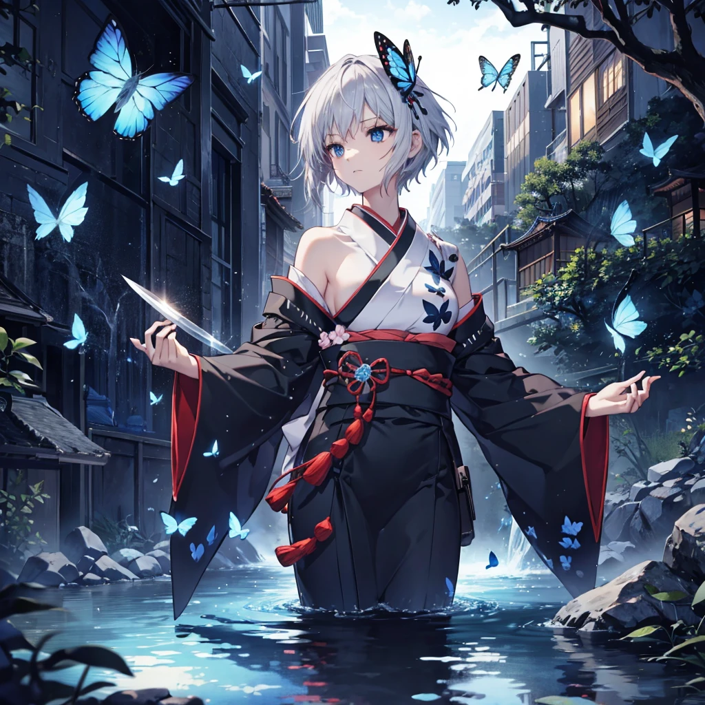 (((1 person)))　((High resolution　Gray Hair　short hair　Black kimono　Shoulder))　((Black Band　military commander　Lonely　despair　blue eyes))　((Blue Butterfly　night　Japanese style　old　Shining Aura　garden　water surface))　(dance　日本knife　knife　Slashing)　moon　star　Draw your sword　Slashing　Catch the wind　