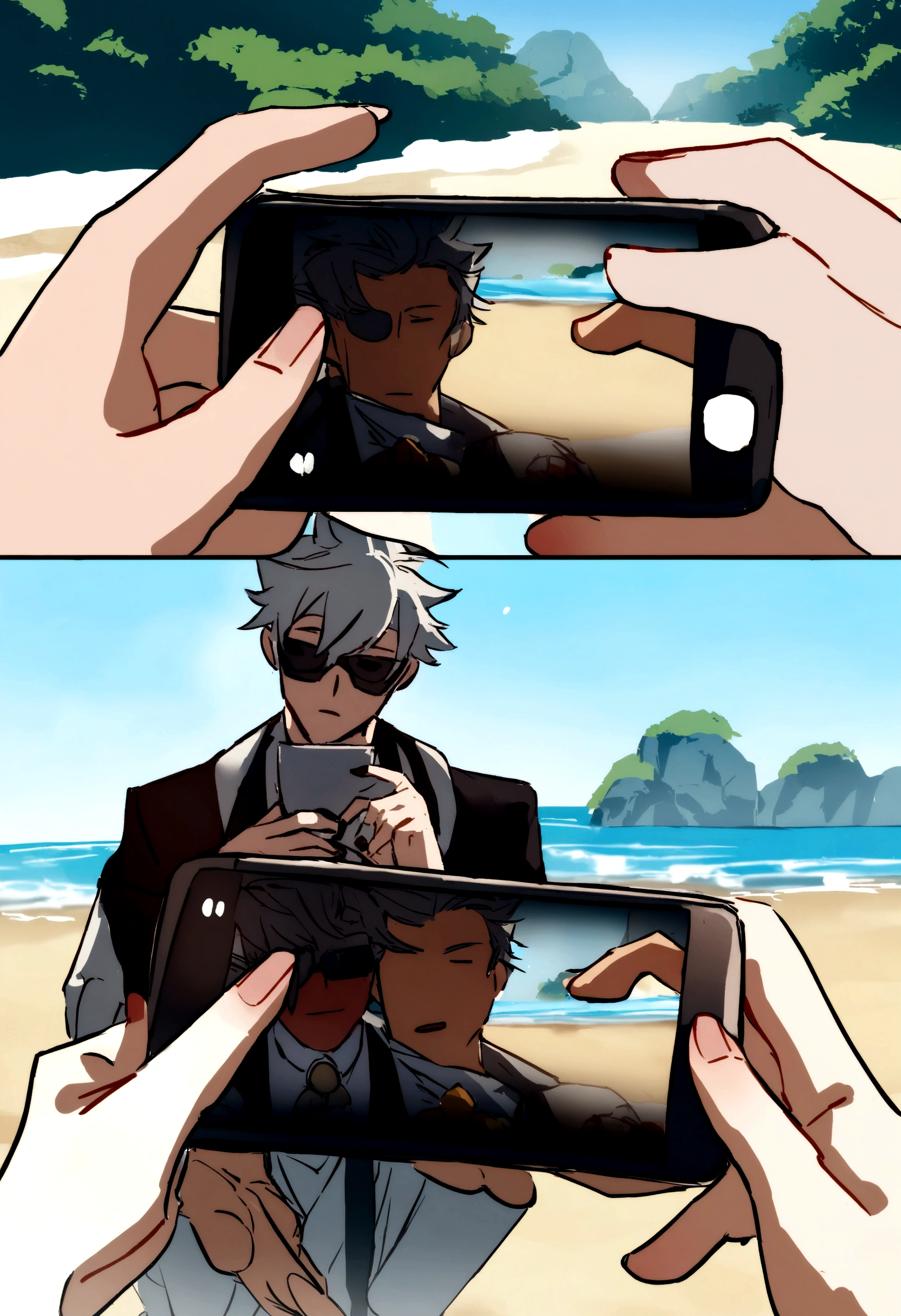 Arlechino (del juego de genshin impact) con Satoru Gojo (jujutsu kaisen) on a beach day taking a photo 