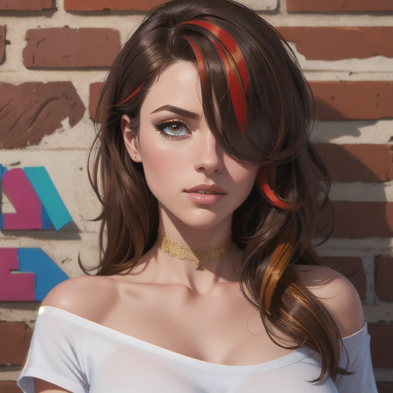 ultra realistic 8k cg, masterpiece, ((ultra detailed background, delicate pattern, intricate detail)), best quality, intricate details, chromatic aberration, 1girl, long hair, golden hair, messy hair, red highlights, hair over one eye, sharp eyes, choker, brick wall, graffiti, dim lighting, alley, oversized shirt,off shoulder, see through white shirt, Masterpiece, best quality