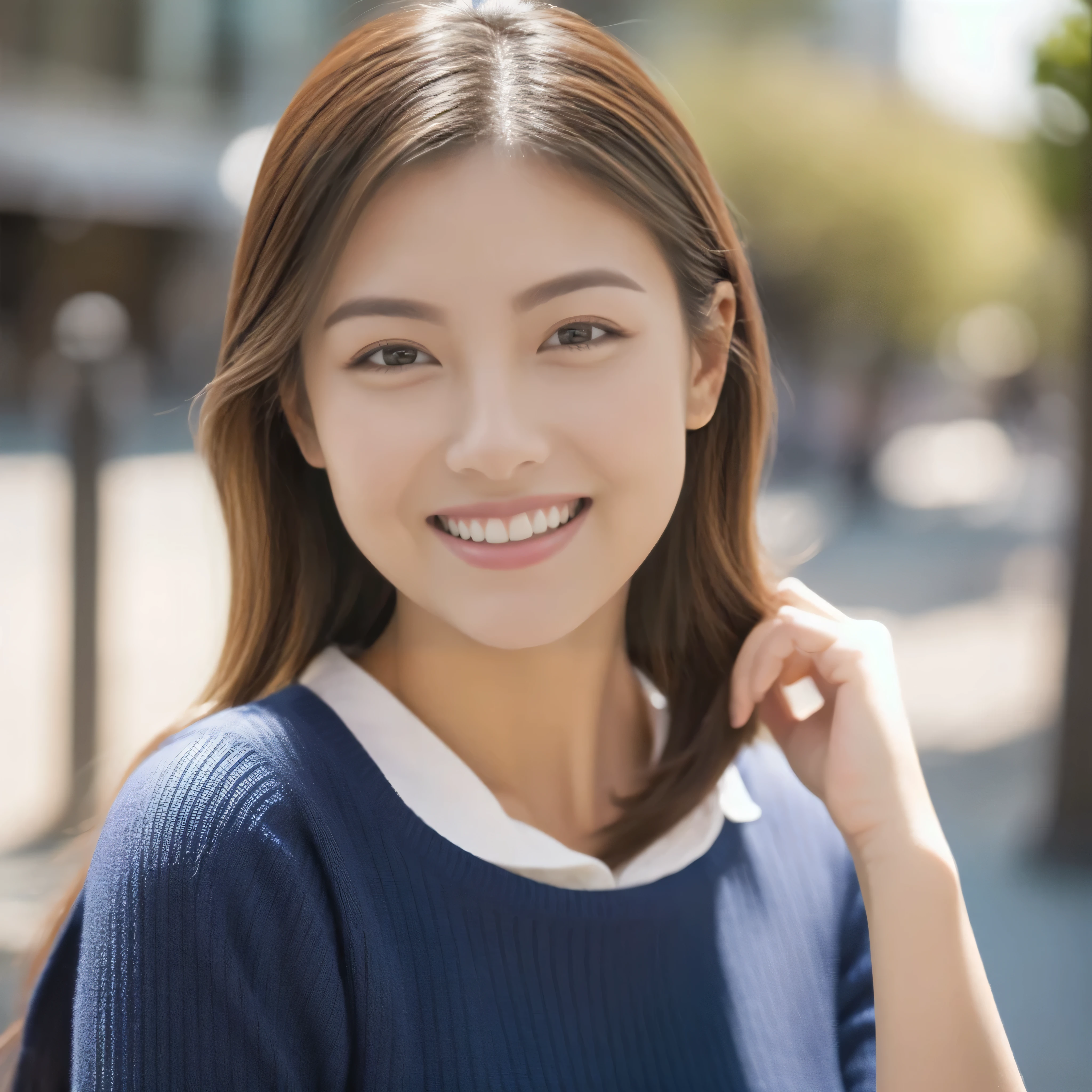 The face of a hostess、British high neck sleeveless knit、High quality、Ultra-realistic、fine、Smiling face、Slim perfect figure、Japanese beauty、 Perfect Eyes、Radiant Skin、Business city background