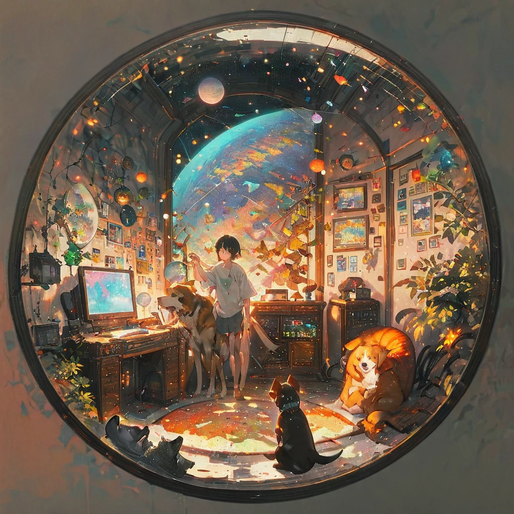 ((anime:1.4,illustration)),(masterpiece, top quality, best quality),(ultra-detailed, absolutely resolution),((16k, high res)), (((Interior, small living room, planetarium on the whole ceiling, boy and dog looking up)) ((cosy lofi illustration:1.4)), ((anime:1.4, illustration)),(masterpiece, top quality, best quality),(ultra-detailed, absolutely resolution),((16k, high res)) BREAK {lofi art, style of Laurie Greasley, style of Makoto Shinkai, anime aesthetic}, BREAK { (produces images with information than 40 million pixels with cinematic-like detailed textures shot on a Sony SLR).}