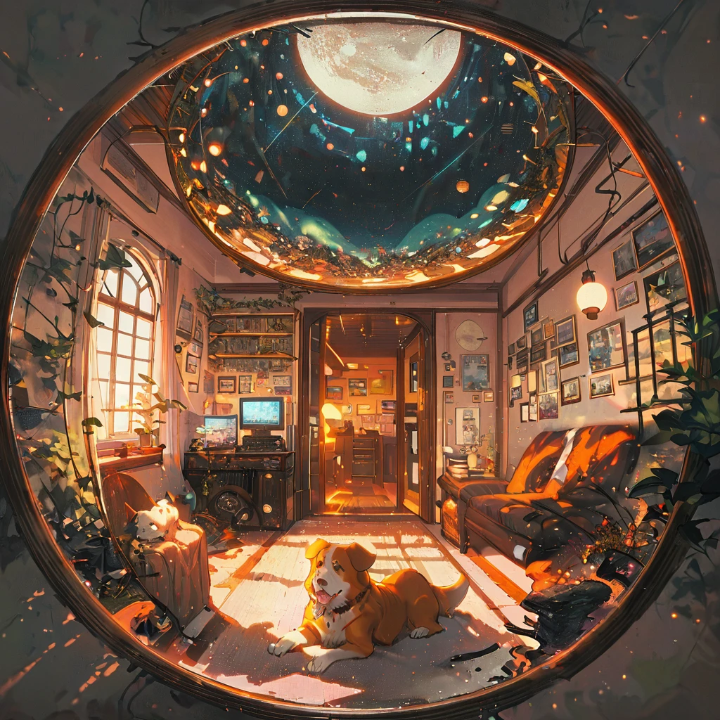 ((anime:1.4,illustration)),(masterpiece, top quality, best quality),(ultra-detailed, absolutely resolution),((16k, high res)), (((Interior, small living room, planetarium on the whole ceiling, boy and dog looking up)) ((cosy lofi illustration:1.4)), ((anime:1.4, illustration)),(masterpiece, top quality, best quality),(ultra-detailed, absolutely resolution),((16k, high res)) BREAK {lofi art, style of Laurie Greasley, style of Makoto Shinkai, anime aesthetic}, BREAK { (produces images with information than 40 million pixels with cinematic-like detailed textures shot on a Sony SLR).}