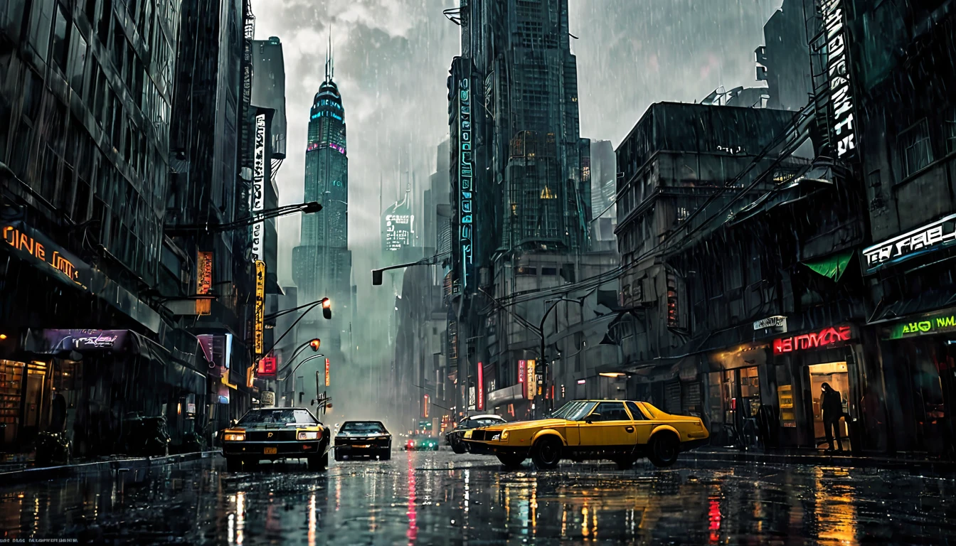 (Blade Runner movie poster), with Harrison Ford, imposing gloomy skyscrapers and a rainy and gloomy atmosphere." image noir, futuristic image very detailed image, sharp focus, studio photography, xf iq 4, 1 5 0 0 0 0 mp , 5 0 mm, iso 2 0 0, 1/1 6 0 s, realistic, natural light, octane rendering, adobe lightroom, thirds resolution, symmetrical balance, depth layers, polarizing filter, ..., hd, optics color, ..., hd, opaque color, masterpiece