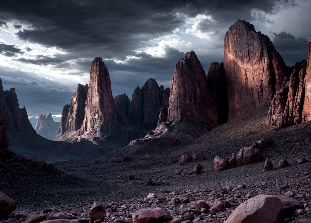 scary large arid dark rock mountains, dark sky day, hd image, epic image, grim dark