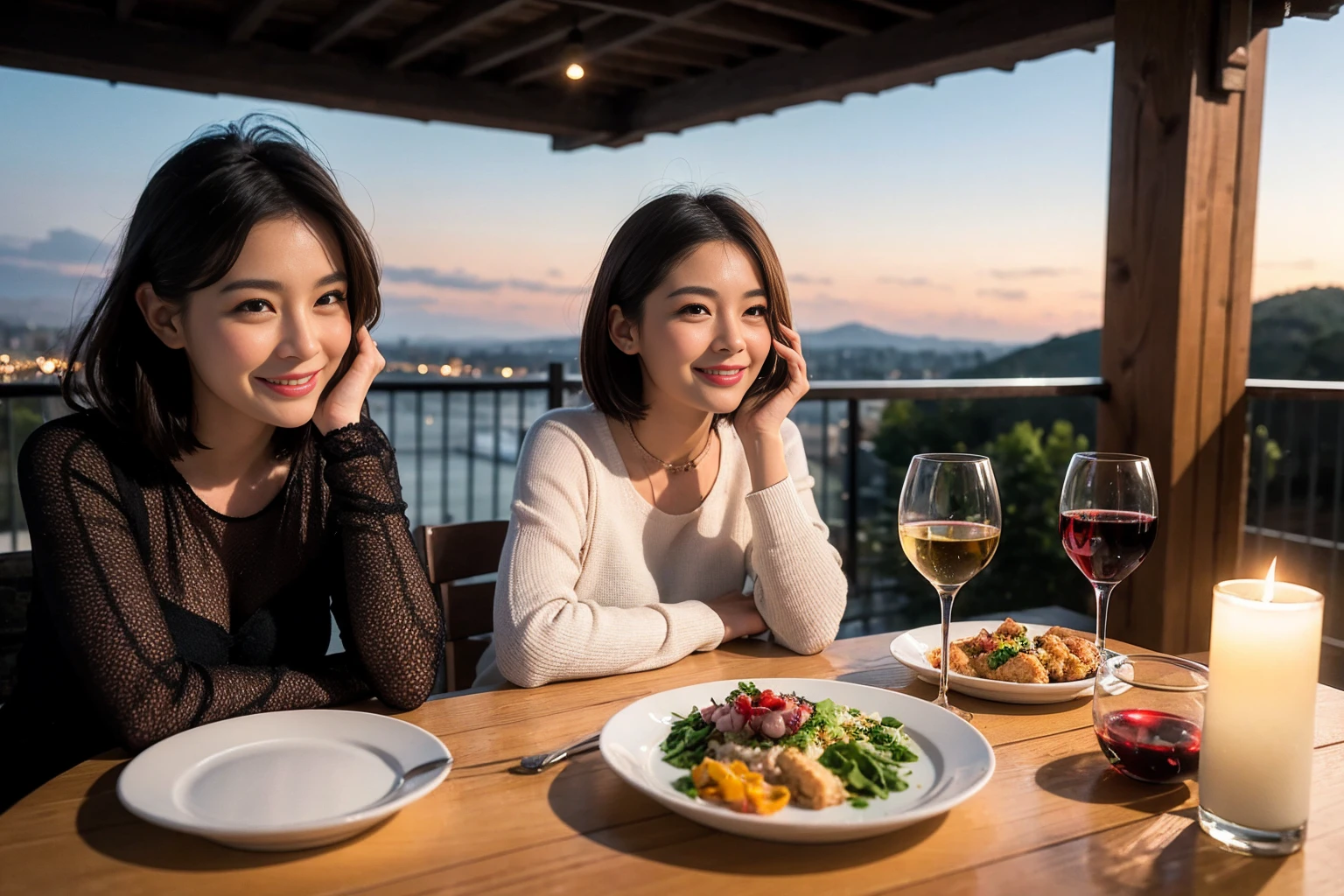 ((Highest quality、8k、masterpiece:1.3))、 (Genuineistic, Genuine、Bright image、Intricate details:1.2), 最高のsmile 男性1人 女性1人、美しいCouple、spouse、Relatives and friends、actress Couple、Couple、モデルCouple、smile、Full-course dinner at a packed table、テーブルにwine glass、 (Slim face), (the body is slim), (Brown Hair), (short hair), Please shine a light on my face、 Amazing view of the sunset sky and clouds、 (age 34), 38 years old, red wine 、Appetizers、Wine bottle、sparkling wine、Long sleeve shirt、dress、White wine, red wine, wine glass, 