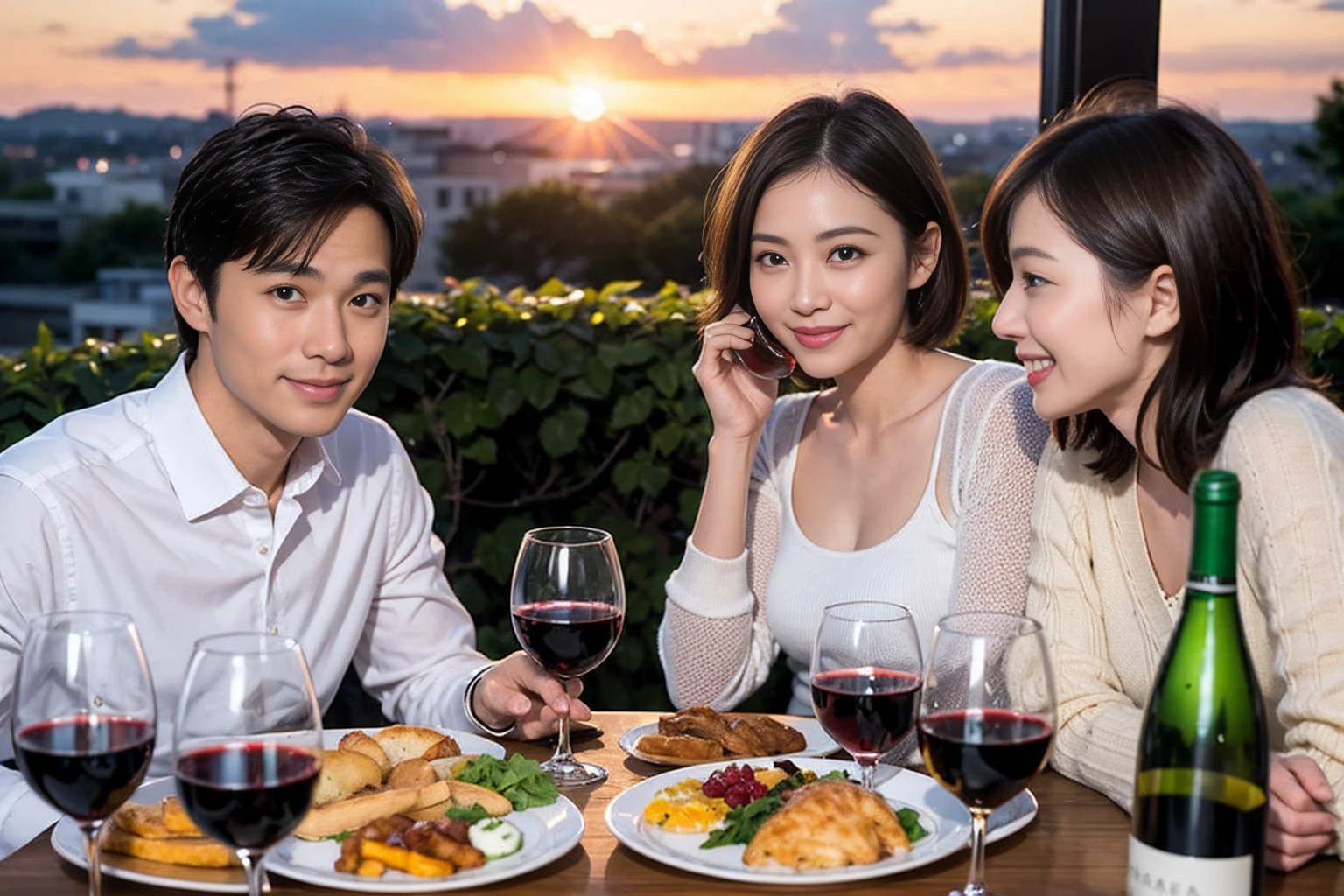 ((Highest quality、8k、masterpiece:1.3))、 (Genuineistic, Genuine、Bright image、Intricate details:1.2), 最高のsmile 男性1人 女性1人、美しいCouple、spouse、Relatives and friends、actress Couple、Couple、モデルCouple、smile、Full-course dinner at a packed table、テーブルにwine glass、 (Slim face), (the body is slim), (Brown Hair), (short hair), Please shine a light on my face、 Amazing view of the sunset sky and clouds、 (age 34), 38 years old, red wine 、Appetizers、Wine bottle、sparkling wine、Long sleeve shirt、dress、White wine, red wine, wine glass, 
