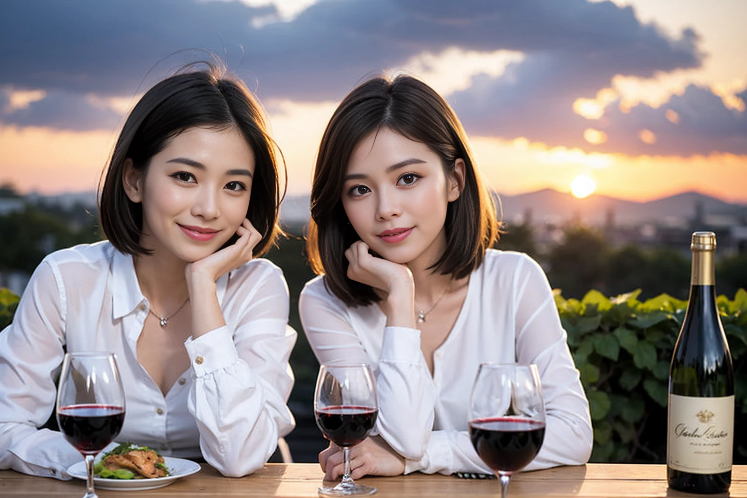 ((Highest quality、8k、masterpiece:1.3))、 (Genuineistic, Genuine、Bright image、Intricate details:1.2), 最高のsmile 男性1人 女性1人、美しいCouple、spouse、Relatives and friends、actress Couple、Couple、モデルCouple、smile、Full-course dinner at a packed table、テーブルにwine glass、 (Slim face), (the body is slim), (Brown Hair), (short hair), Please shine a light on my face、 Amazing view of the sunset sky and clouds、 (4), 38 years old, red wine 、Appetizers、Wine bottle、sparkling wine、Long sleeve shirt、dress、White wine, red wine, wine glass,