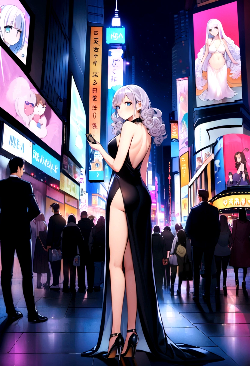 A 20-year-old woman who just became an adult、A little flashy、Grown-up、Hair、Unshaven、Fluffy curly hair、Backless clothing that accentuates the body line、High heels、sexy、whole body、A little to the right of the center of the screen、In the hand、Branded second bag、A female character who looks like Nina Dobrev、Times Square at night。