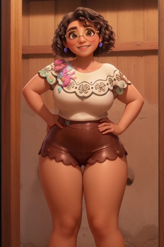 mirabel madrigal, Tazas, sonrisa, ((Jersey sin mangas)), fondo del mercado, (((falda de tubo))), (((Brown leather))), piel detallada, piernas perfectas, muslos perfectos, (((cuerpo con curvas))) Thicc big booty naked MILF