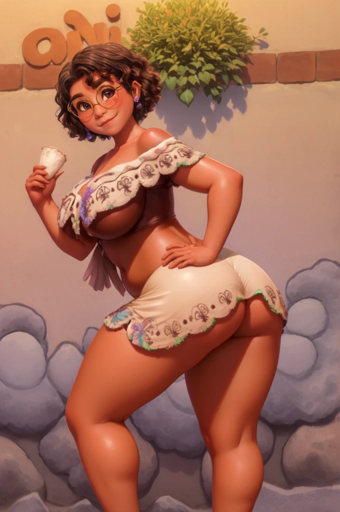 mirabel madrigal, Tazas, sonrisa, ((Jersey sin mangas)), fondo del mercado, (((falda de tubo))), (((Brown leather))), piel detallada, piernas perfectas, muslos perfectos, (((cuerpo con curvas))) Thicc big booty naked MILF