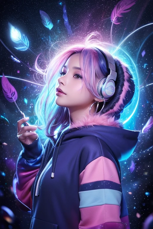 (A beautiful girl with black eyes in a night frame, full of stars, a decorative panel, abstract art, side shot, photorealistic, light pink hair, straight hair, beautiful black hair, glowing white skin, picturesque, sketch, texture, extremely high resolution, alone, beautiful woman, very detailed, fractal art, colorful, floral, most detailed, tangled, dynamic pose, abstract background, glowing skin, many colors, earrings, feather), (A cute chipmunk with fluffy fur wearing a silver blue outfit, including a hoodie and headphones, the background is modern and inorganic, adorable digital painting, 3d rendered, bright lighting, vibrant colors, outside and raining)