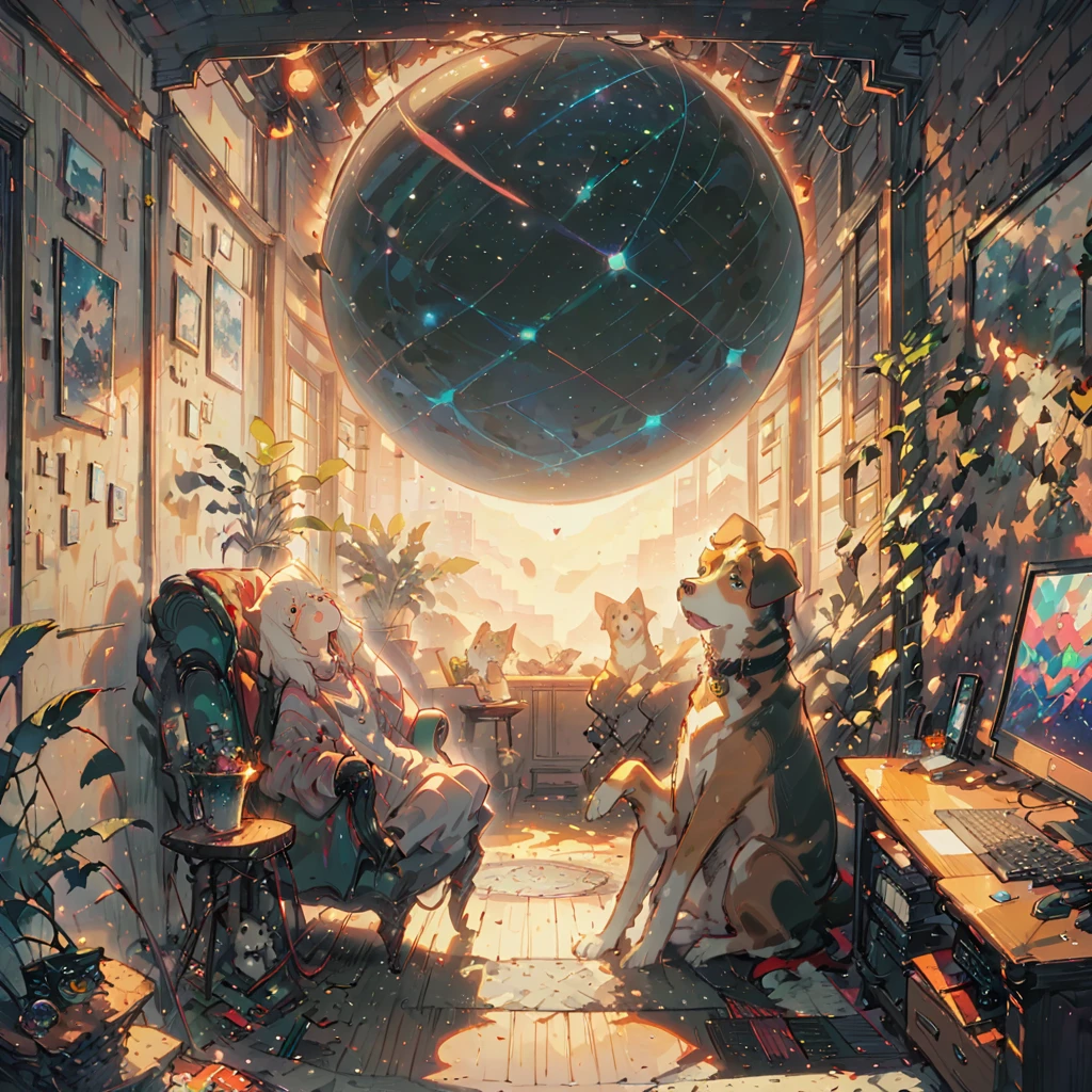 ((anime:1.4,illustration)),(masterpiece, top quality, best quality),(ultra-detailed, absolutely resolution),((16k, high res)), (((Interior, small living room, planetarium on the whole ceiling, boy and dog looking up)) ((cosy lofi illustration:1.4)), ((anime:1.4, illustration)),(masterpiece, top quality, best quality),(ultra-detailed, absolutely resolution),((16k, high res)) BREAK {lofi art, style of Laurie Greasley, style of Makoto Shinkai, anime aesthetic}, BREAK { (produces images with information than 40 million pixels with cinematic-like detailed textures shot on a Sony SLR).}