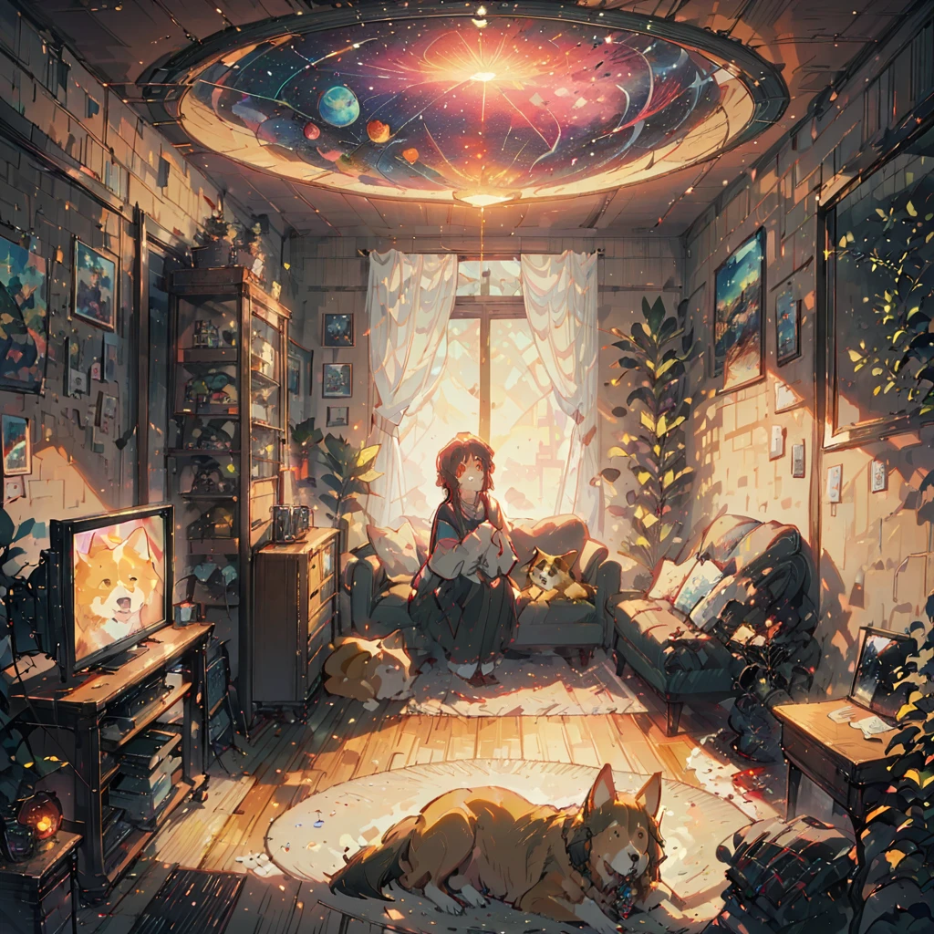 ((anime:1.4,illustration)),(masterpiece, top quality, best quality),(ultra-detailed, absolutely resolution),((16k, high res)), (((Interior, small living room, planetarium on the whole ceiling, boy and dog looking up)) ((cosy lofi illustration:1.4)), ((anime:1.4, illustration)),(masterpiece, top quality, best quality),(ultra-detailed, absolutely resolution),((16k, high res)) BREAK {lofi art, style of Laurie Greasley, style of Makoto Shinkai, anime aesthetic}, BREAK { (produces images with information than 40 million pixels with cinematic-like detailed textures shot on a Sony SLR).}