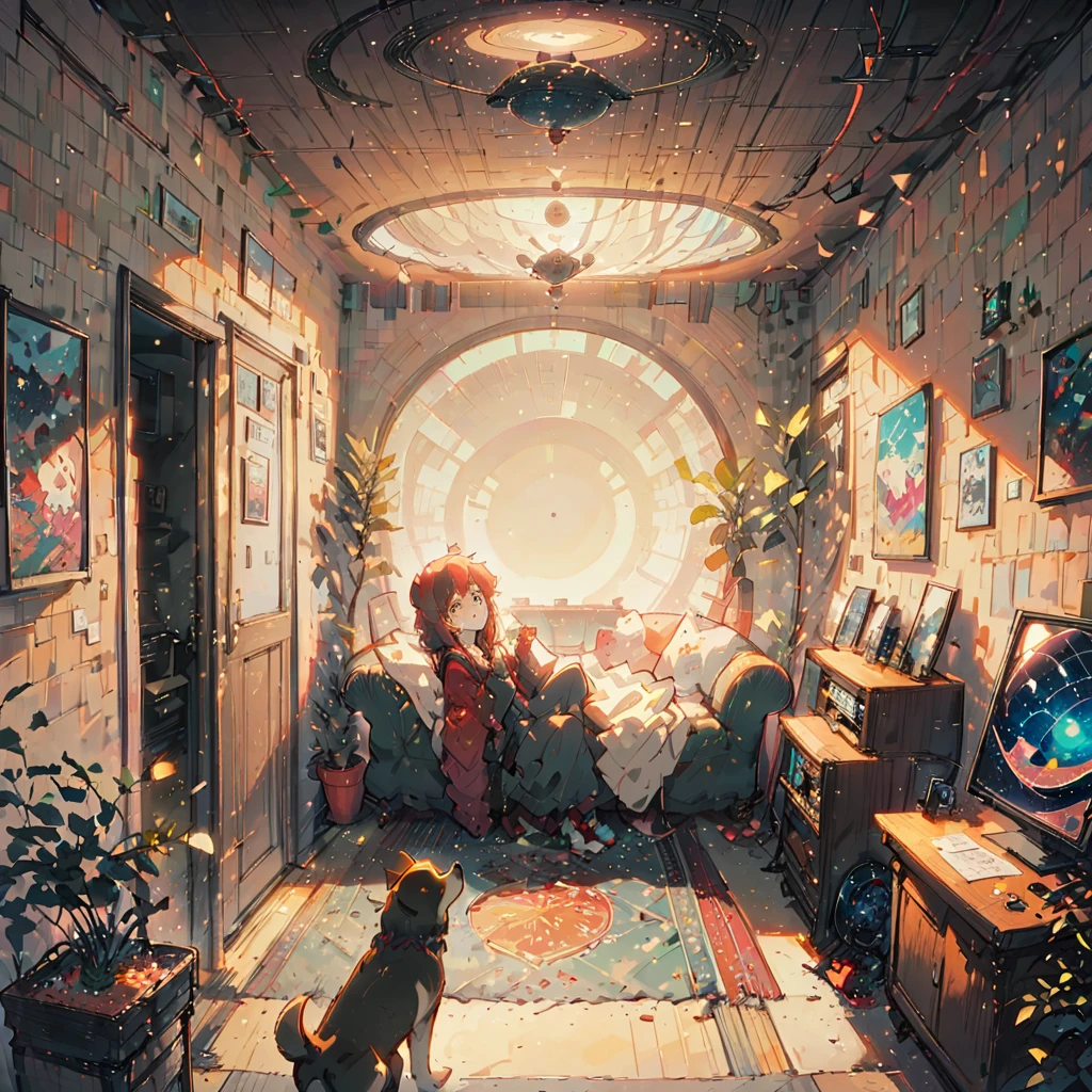 ((anime:1.4,illustration)),(masterpiece, top quality, best quality),(ultra-detailed, absolutely resolution),((16k, high res)), (((Interior, small living room, planetarium on the whole ceiling, boy and dog looking up)) ((cosy lofi illustration:1.4)), ((anime:1.4, illustration)),(masterpiece, top quality, best quality),(ultra-detailed, absolutely resolution),((16k, high res)) BREAK {lofi art, style of Laurie Greasley, style of Makoto Shinkai, anime aesthetic}, BREAK { (produces images with information than 40 million pixels with cinematic-like detailed textures shot on a Sony SLR).}