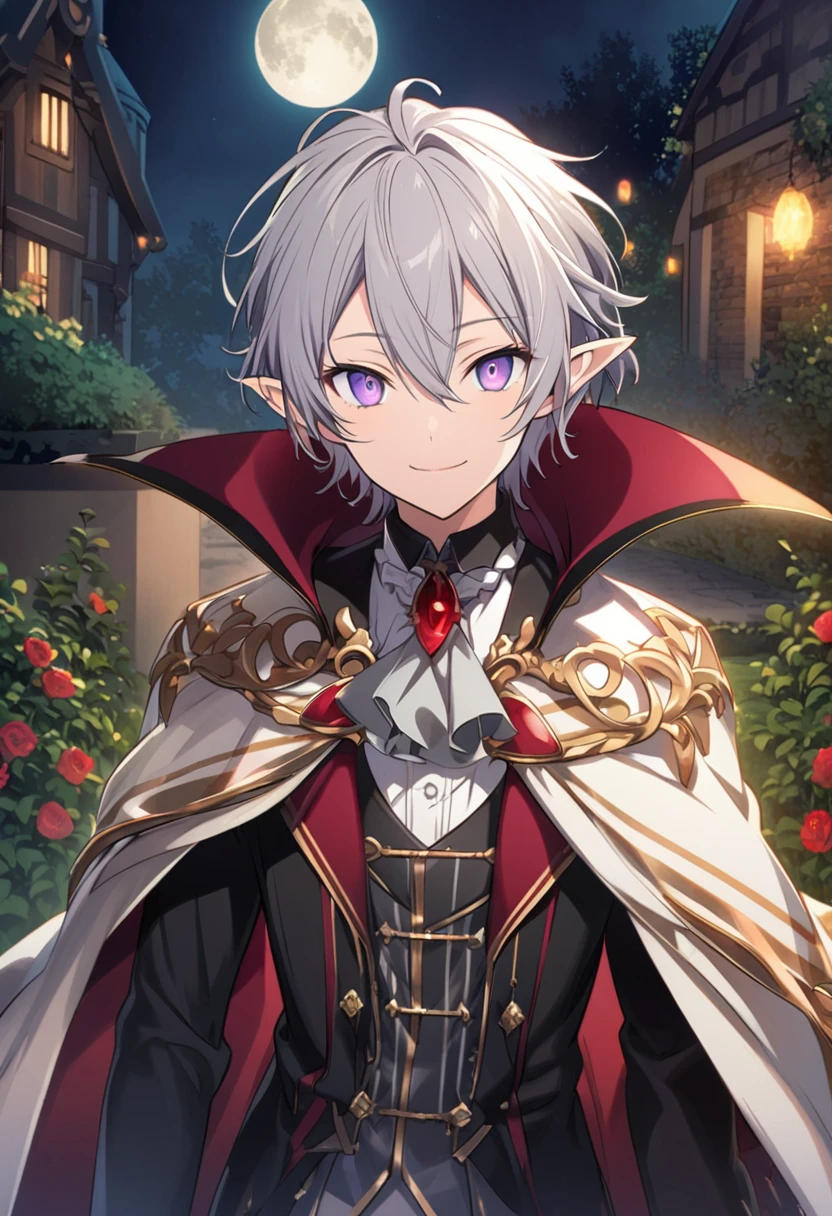 Aether \(AKB0048 Next Stage\), (short hair), (light gray hair), (bright eyes), (purple eyes):1.2, (Vampire), noble costume, smiling gently, cape, ((ultra-detailed)), ((illustration)), ((neat hair)), ((pointy ears)), (beautiful detailed eyes), (male), 1boy, ((garden, night, moon)), looking at viewer