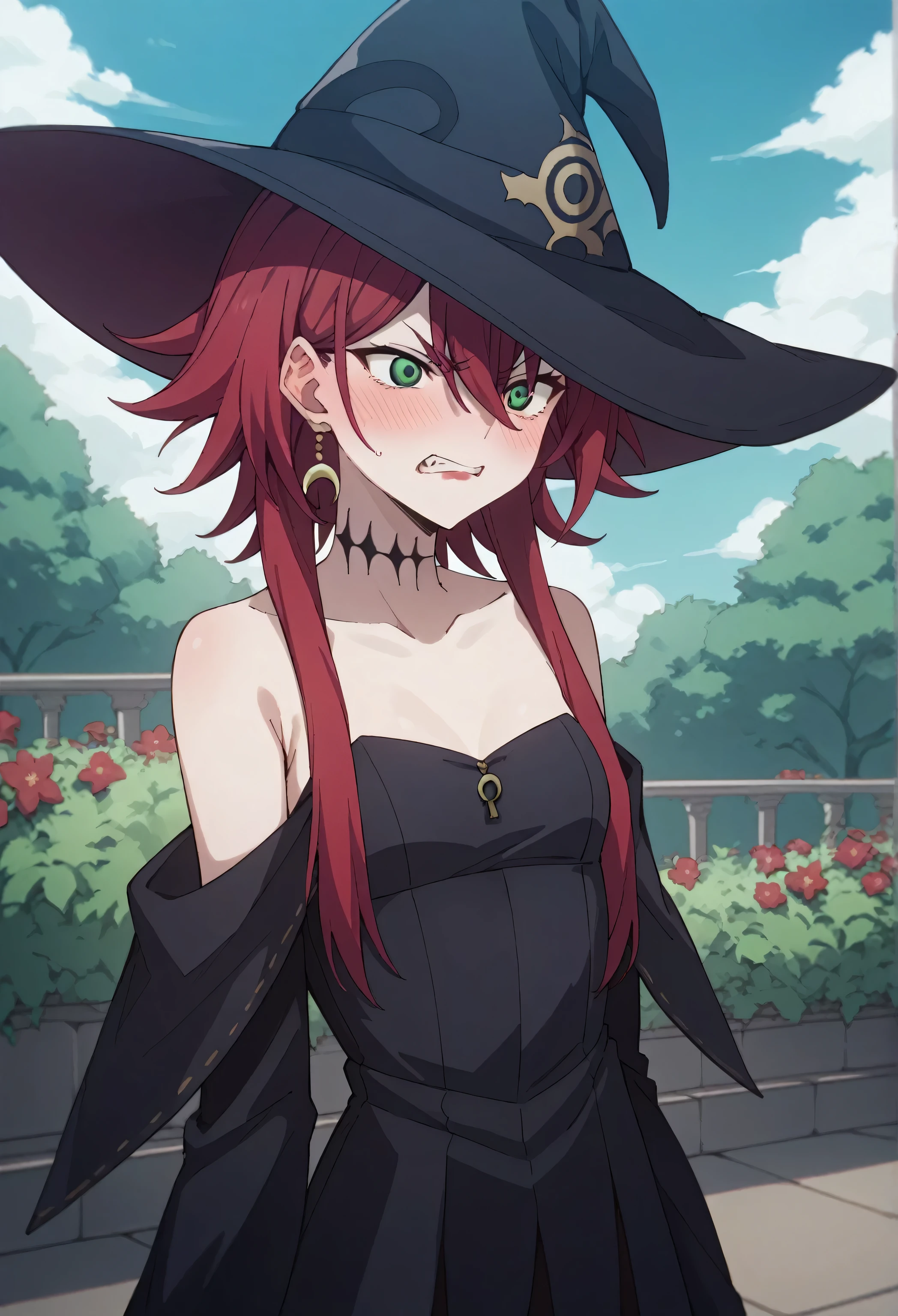 crimson, 1girl, small breasts, hat, witch hat, solo, green eyes, red hair, outside, garden background, angry expression, blush