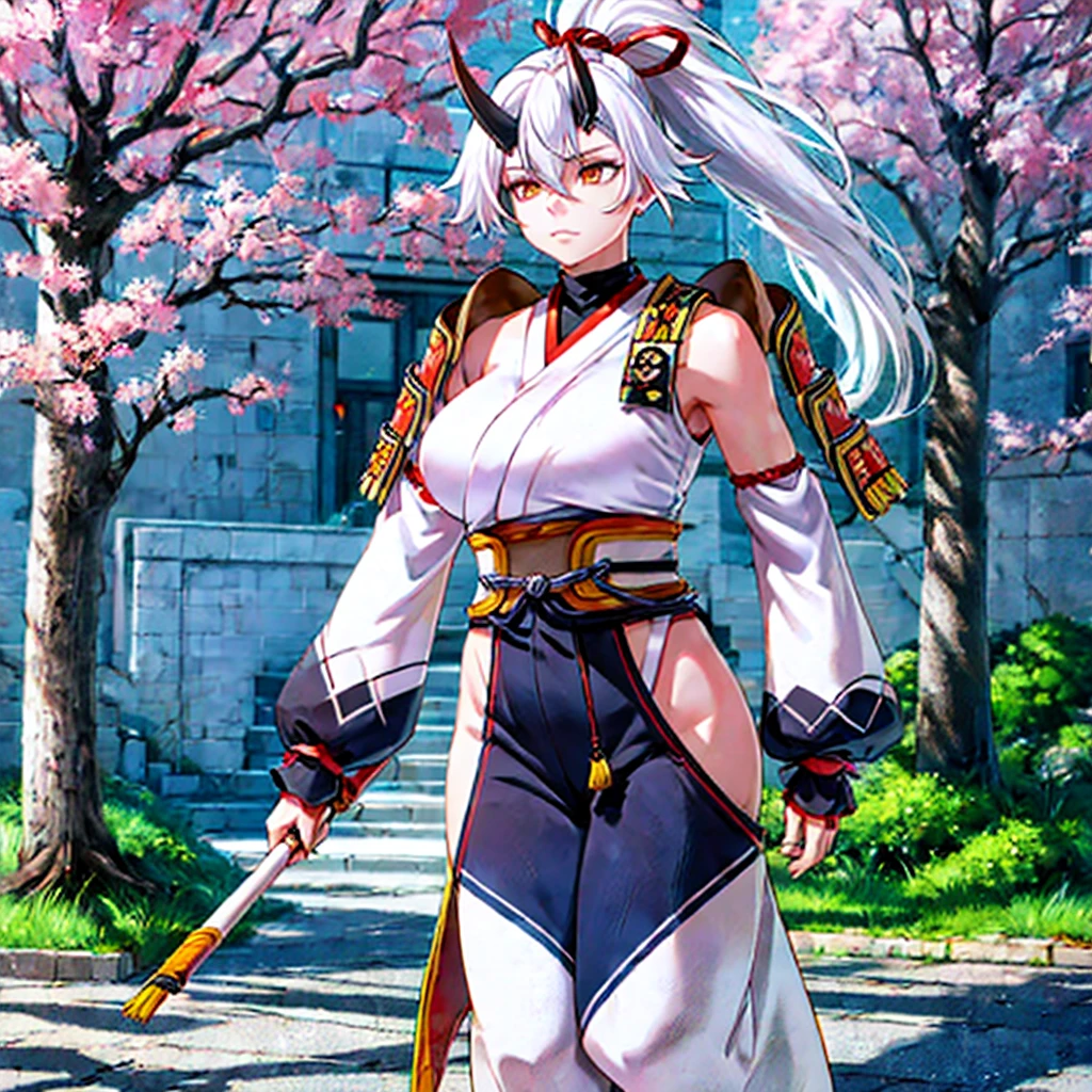 a woman wearing a white sleeveless samurai shirt, an orange samurai shoulder pad, dark blue samurai pants, white hair, ponytail hair, orange eyes, walking in an open area with a concrete floor, several sakura trees in the background, sakura leaves spreading around the place.HDR, ultra resolution, well defined, masterpiece, 8K HD. (solo woman)
