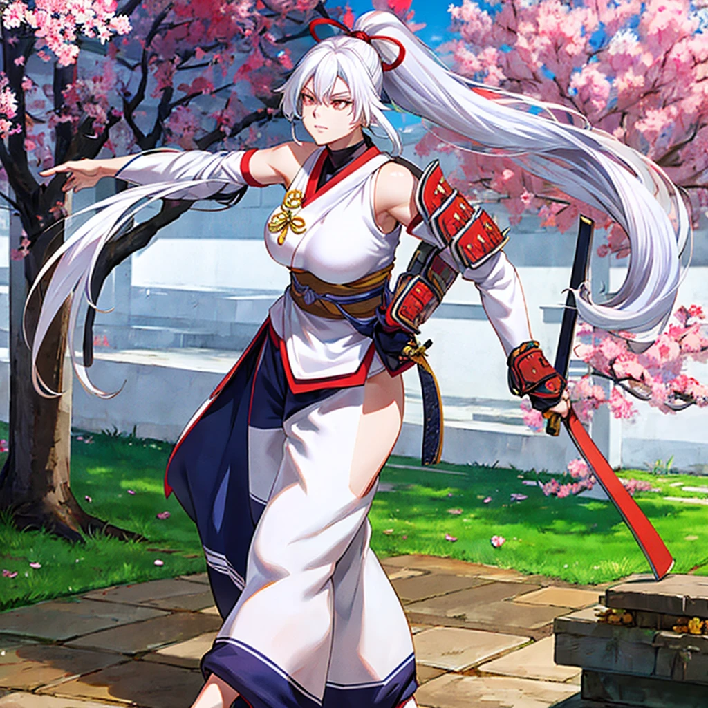 a woman wearing a white sleeveless samurai shirt, an orange samurai shoulder pad, dark blue samurai pants, white hair, ponytail hair, orange eyes, walking in an open area with a concrete floor, several sakura trees in the background, sakura leaves spreading around the place.HDR, ultra resolution, well defined, masterpiece, 8K HD. (solo woman)
