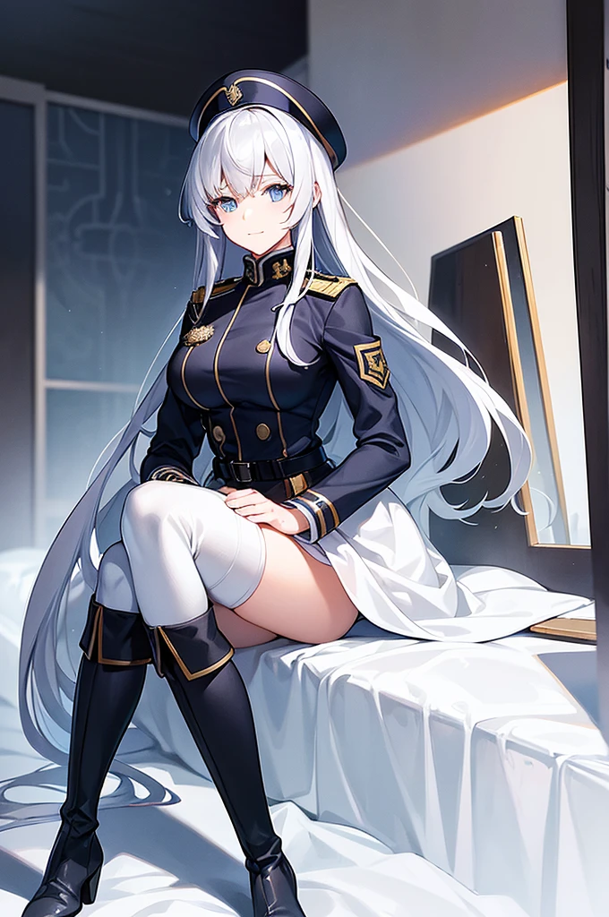 Content:
An anime woman in a military uniform. She has light blue eyes, white hair that ends halfway down her back, and knee-high military boots. She wears a confident smile, looking very mature, with her hands on her hips.
Medium:
Digital art, anime illustration.
Style:
Pixiv contest winner, fine art, with elements inspired by historical military aesthetics and anime character design.
Lighting:
Dramatic, with strong contrasts to highlight her authoritative presence and the details of her uniform. Subtle shadows to add depth and realism.
Colours:
A palette dominated by military greens, blacks, and silvers, with the light blue of her eyes and white of her hair standing out against the darker tones of her uniform.
Composition:
A full body shot with a 50mm lens. The background is a snowy scene, as if a blizzard is happening behind her. She salutes to the camera, showcasing her confidence and authority.