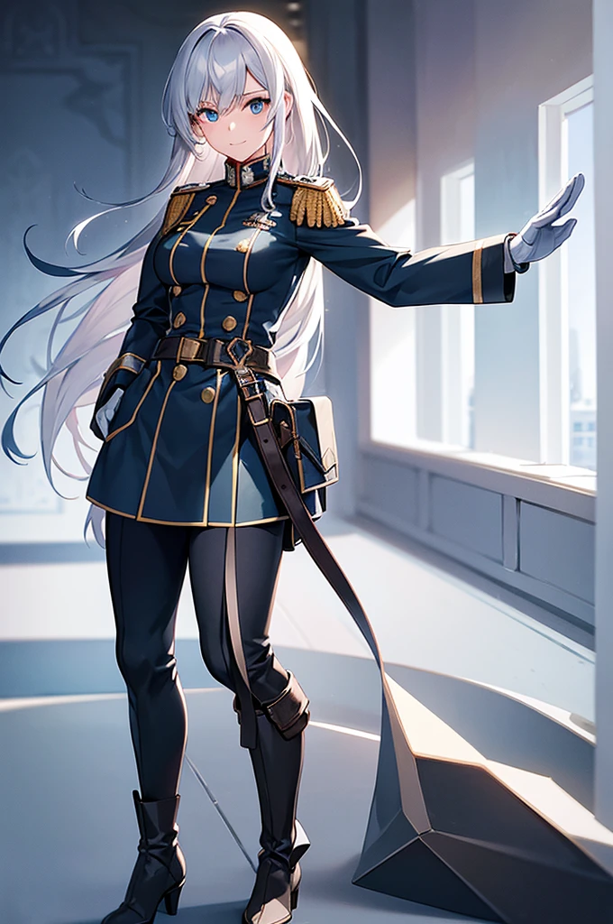 Content:
An anime woman in a military uniform. She has light blue eyes, white hair that ends halfway down her back, and knee-high military boots. She wears a confident smile, looking very mature, with her hands on her hips.

Medium:
Digital art, anime illustration.

Style:
Pixiv contest winner, fine art, with elements inspired by historical military aesthetics and anime character design.

Lighting:
Dramatic, with strong contrasts to highlight her authoritative presence and the details of her uniform. Subtle shadows to add depth and realism.

Colours:
A palette dominated by military greens, blacks, and silvers, with the light blue of her eyes and white of her hair standing out against the darker tones of her uniform.

Composition:
A full body shot with a 50mm lens. The background is a snowy scene, as if a blizzard is happening behind her. She salutes to the camera, showcasing her confidence and authority.