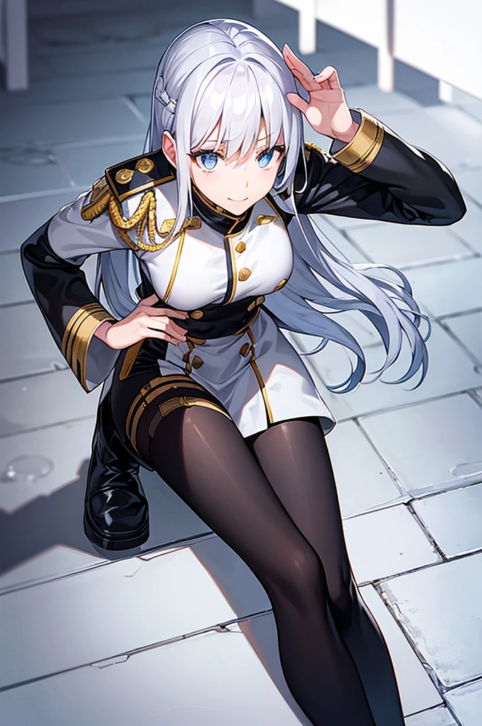 Content:
An anime woman in a military uniform. She has light blue eyes, white hair that ends halfway down her back, and knee-high military boots. She wears a confident smile, looking very mature, with her hands on her hips.
Medium:
Digital art, anime illustration.
Style:
Pixiv contest winner, fine art, with elements inspired by historical military aesthetics and anime character design.
Lighting:
Dramatic, with strong contrasts to highlight her authoritative presence and the details of her uniform. Subtle shadows to add depth and realism.
Colours:
A palette dominated by military greens, blacks, and silvers, with the light blue of her eyes and white of her hair standing out against the darker tones of her uniform.
Composition:
A full body shot with a 50mm lens. The background is a snowy scene, as if a blizzard is happening behind her. She salutes to the camera, showcasing her confidence and authority.