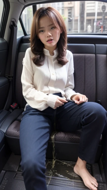 Indonesian face girl, peeing pants in taxi (peeing pants:0.3)