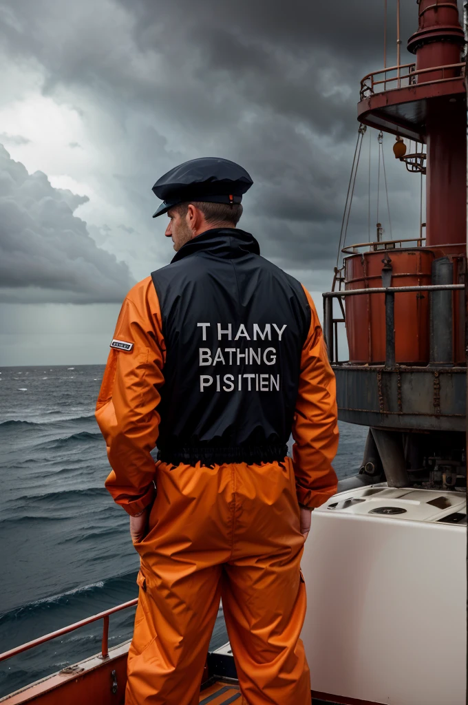 a man standing on a ship, facing bad weather and heavy the storm brewing infront of him. On the back of his orange boiler suit a name is written the name 'Anglo Eastern'."
And he is facing the sea