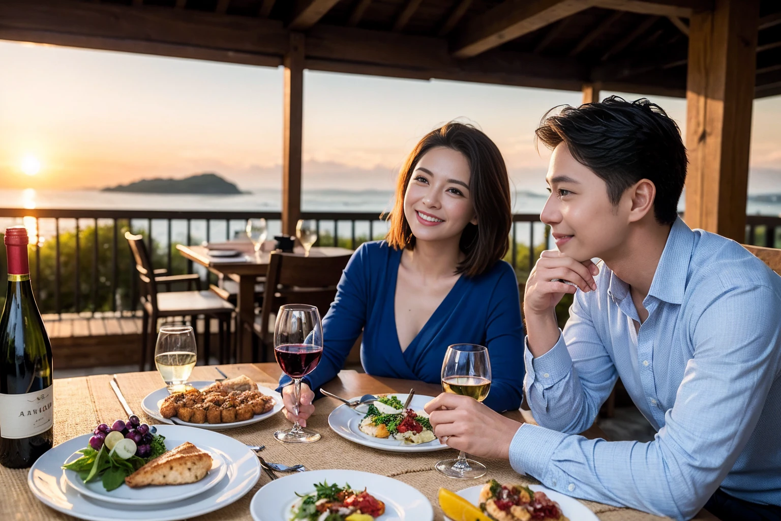 ((Highest quality、8k、masterpiece:1.3))、 (Genuineistic, Genuine、Bright image、Intricate details:1.2), Best smile 1 man 1 woman、Beautiful Couple、Lovers、Relatives and friends、actress couple、couple、Model Couple、Smile、A full-course dinner with a full table、テーブルにwine glass、 (Slim face), (The body is slim), (Brown Hair), (short hair), Please shine a light on my face、 Amazing view of the sunset sky and clouds、 (age 34), 38 years old, red wine 、Appetizers、Wine bottle、sparkling wine、Long sleeve shirt、dress、White wine, red wine, wine glass, 