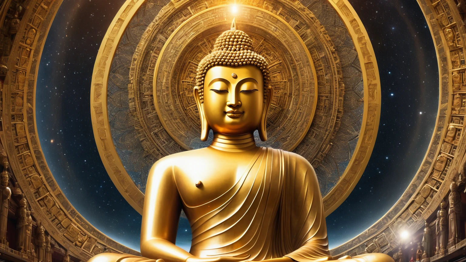 Interstellar,Endless space,The huge Maitreya Buddha statue rushed towards the huge space-time tunnel,Highly detailed portrait of a huge golden Buddha with the halo of the sun god,ssee-through,depth of fields,((Masterpiece)),(Best quality)),Magnificent space image scene,surrealism, Super detail, ccurate, Best quality, hyper HD, Masterpiece, Anatomically correct, A high resolution, 16k