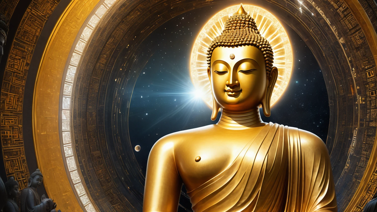 Interstellar，Endless space，The huge Maitreya Buddha statue rushed towards the huge space-time tunnel，Highly detailed portrait of a huge golden Buddha with the halo of the sun god，ssee-through，depth of fields，((Masterpiece))，(Best quality))，Magnificent space image scene，surrealism, Super detail, ccurate, Best quality, hyper HD, Masterpiece, Anatomically correct, A high resolution, 16k