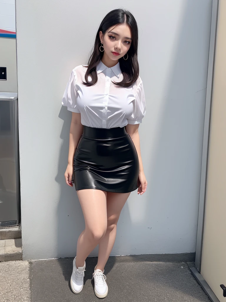 Beautiful woman、A face with glamorous eyeshadow and makeup、Plump body、Big Tits、Earrings、Are standing、Strong sunlight、Open-front short-sleeve shirt、Black vinyl micro mini skirt、White pants exposed、Skirt up、Public toilet cubicles、From the thigh up