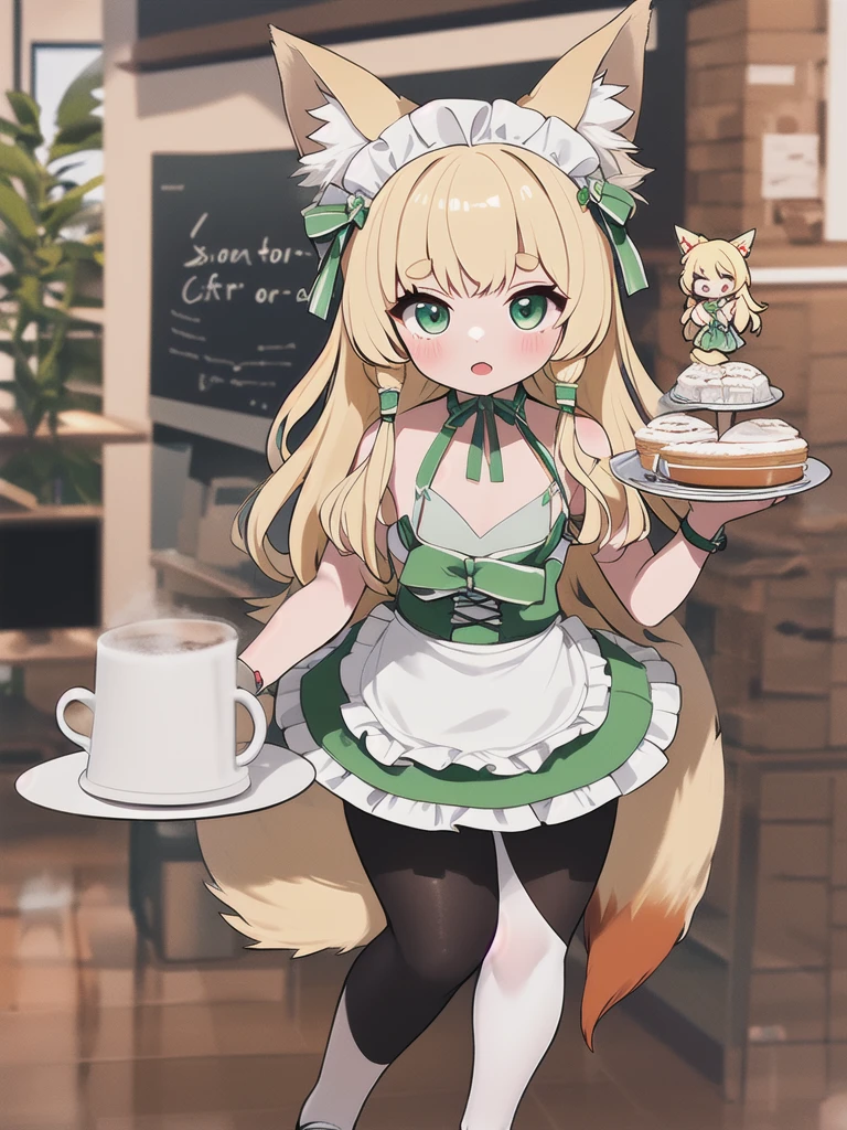 Highest quality, masterpiece,1 Girl,Blonde Hair, Big fox ears,Big fox tail, Green Eyes,Green maid apron,White ruffle skirt,Small breasts,Coffee shop,have_Silver round tray,Green round dish on a tray,10 years old,White pantyhose,((Chibi))