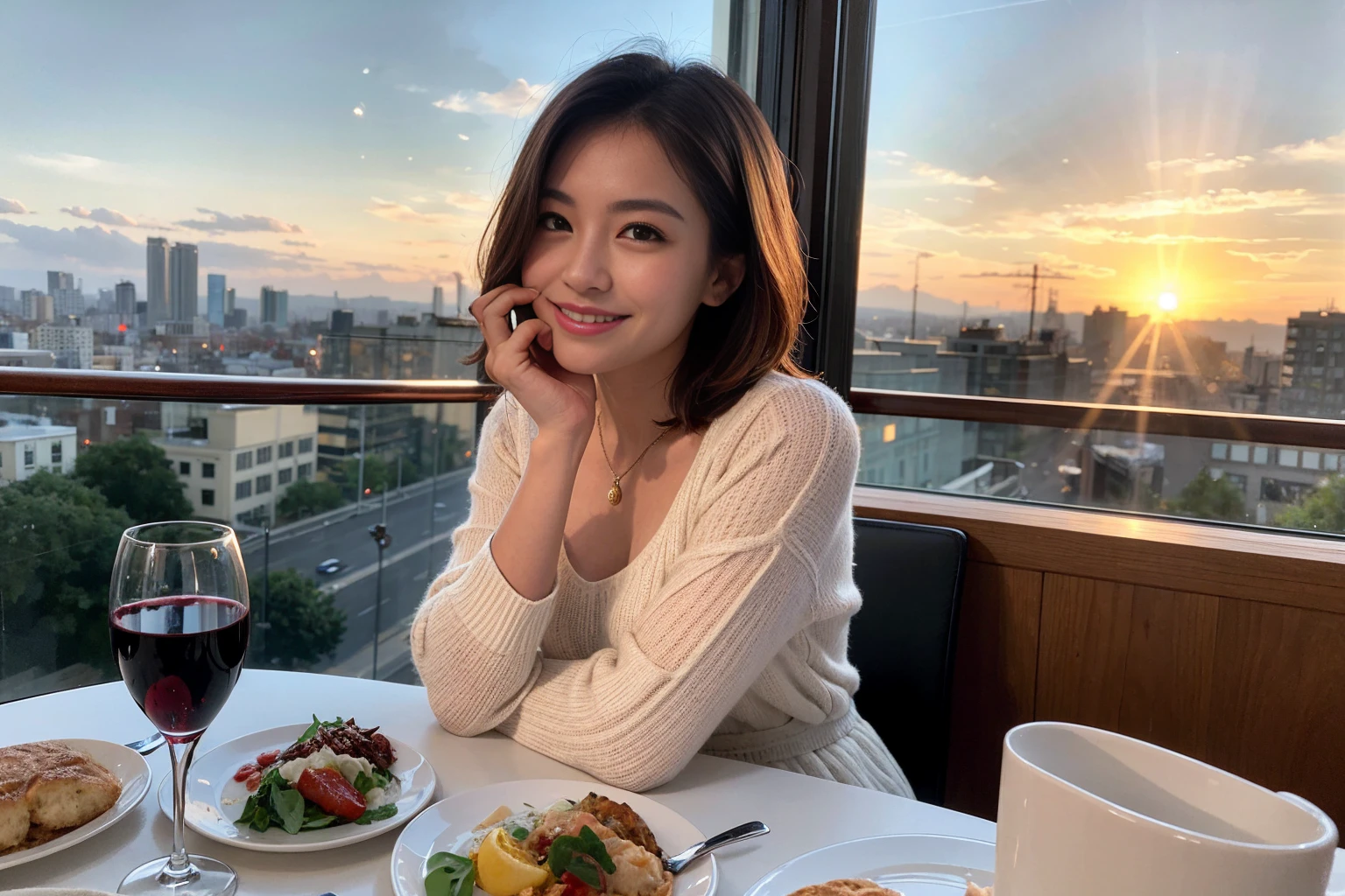 ((Highest quality、8k、masterpiece:1.3))、 (Genuineistic, Genuine、Bright image、Intricate details:1.2), 最高のsmile 男性1人 女性1人、美しいCouple、lover、Relatives and friends、actress Couple、Couple、モデルCouple、smile、Full-course dinner at a packed table、テーブルにwine glass、 (Slim face), (the body is slim), (Brown Hair), (short hair), Please shine a light on my face、 Amazing view of the sunset sky and clouds、 (age 34), 38 years old, red wine 、Appetizers、Wine bottle、sparkling wine、Long sleeve shirt、dress、White wine, red wine, wine glass,