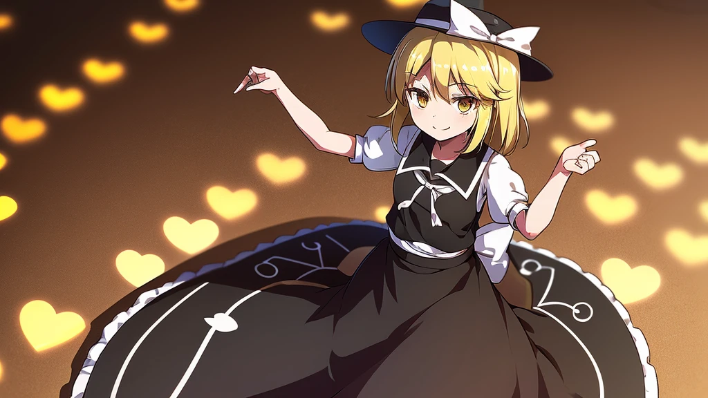 1girl, , , masterpiece, best quality, 10 years old, medium blonde hair, forehead visible bags, yellow eyes, hat, heart, black headwear, puffy short sleeves, log black skirt, heart hads,,1girl, solo, yellow eyes, yellow hair, bow, hat bow, socks, black footwear, black skirt, short sleeves, yuki (touhou), black vest, white sleeves, frill skirt, light smile