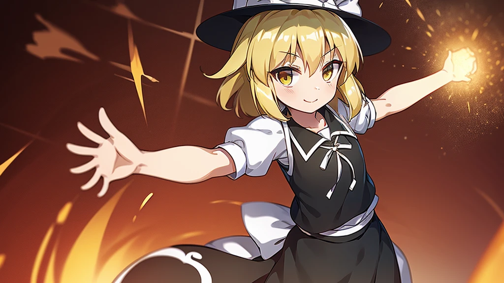 1girl, , , masterpiece, best quality, 10 years old, medium blonde hair, forehead visible bags, yellow eyes, hat, heart, black headwear, puffy short sleeves, log black skirt, heart hads,,1girl, solo, yellow eyes, yellow hair, bow, hat bow, socks, black footwear, black skirt, short sleeves, yuki (touhou), black vest, white sleeves, frill skirt, light smile