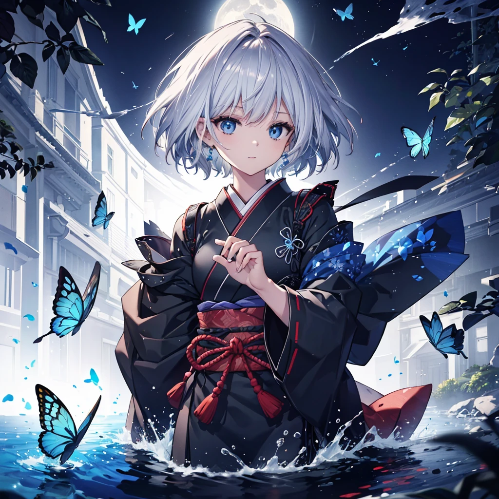 (((1 person))) ((High resolution Gray Hair short hair Black kimono Shoulder)) ((Black Band military commander Lonely despair blue eyes)) ((Blue Butterfly night Japanese style old Shining Aura garden water surface)) (dance 日本knife knife Slashing) moon star Draw your sword Slashing Catch the wind