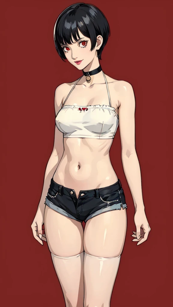 1 girl, red eyes, very Short hair, black choker, lipstick , smile, black hair, tomboy Pixie haircut, shorts, long socks, cowboy shot, white bandeau, belly, medium breast, extreme micro shorts, stockings, cowboy shot