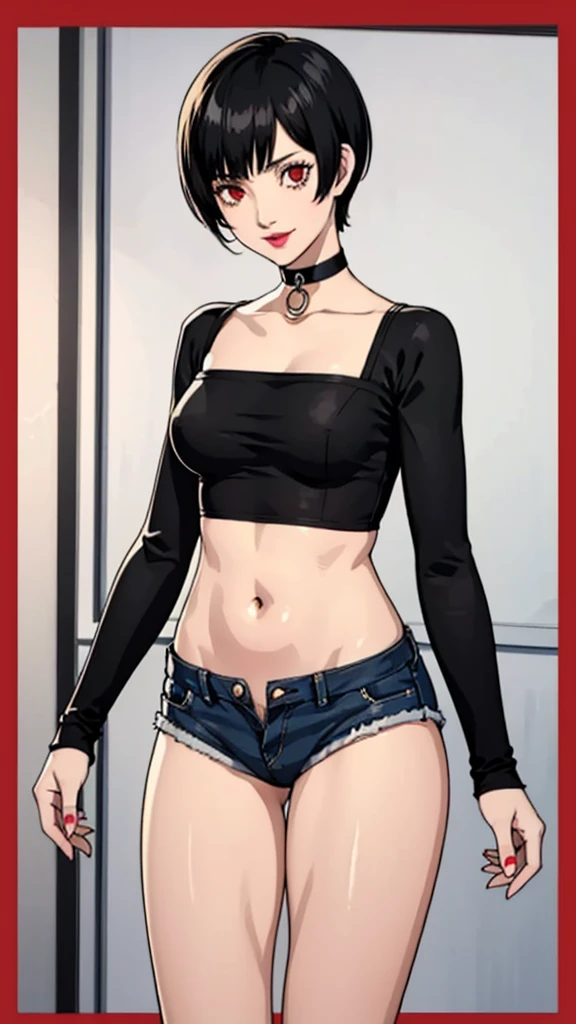 1 girl, red eyes, very Short hair, black choker, lipstick , smile, black hair, tomboy Pixie haircut, shorts, long socks, cowboy shot, white bandeau, belly, medium breast, extreme micro shorts, stockings, cowboy shot