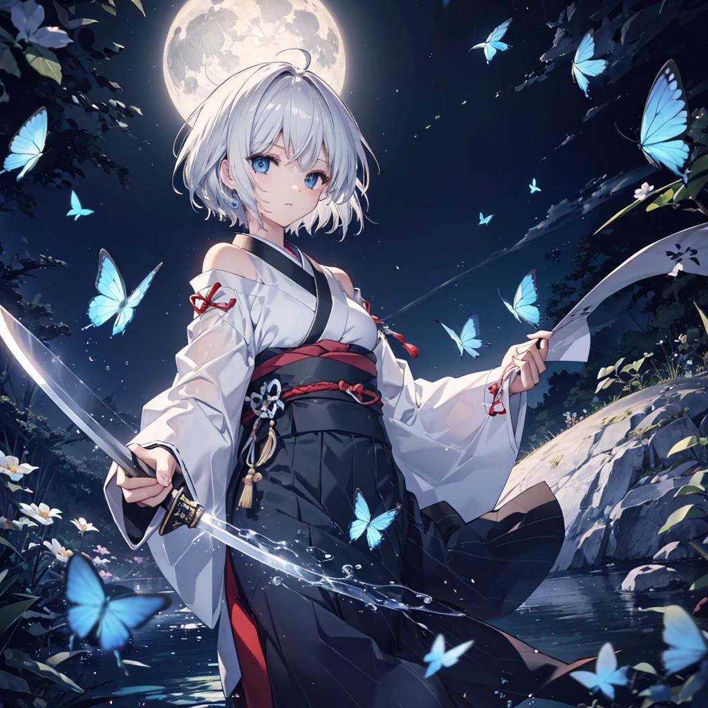 (((1 person))) ((High resolution Gray Hair short hair Black kimono Shoulder)) ((Black Band military commander Lonely despair blue eyes)) ((Blue Butterfly night Japanese style old Shining Aura garden water surface)) (dance 日本knife knife Slashing) moon star Draw your sword Slashing Catch the wind